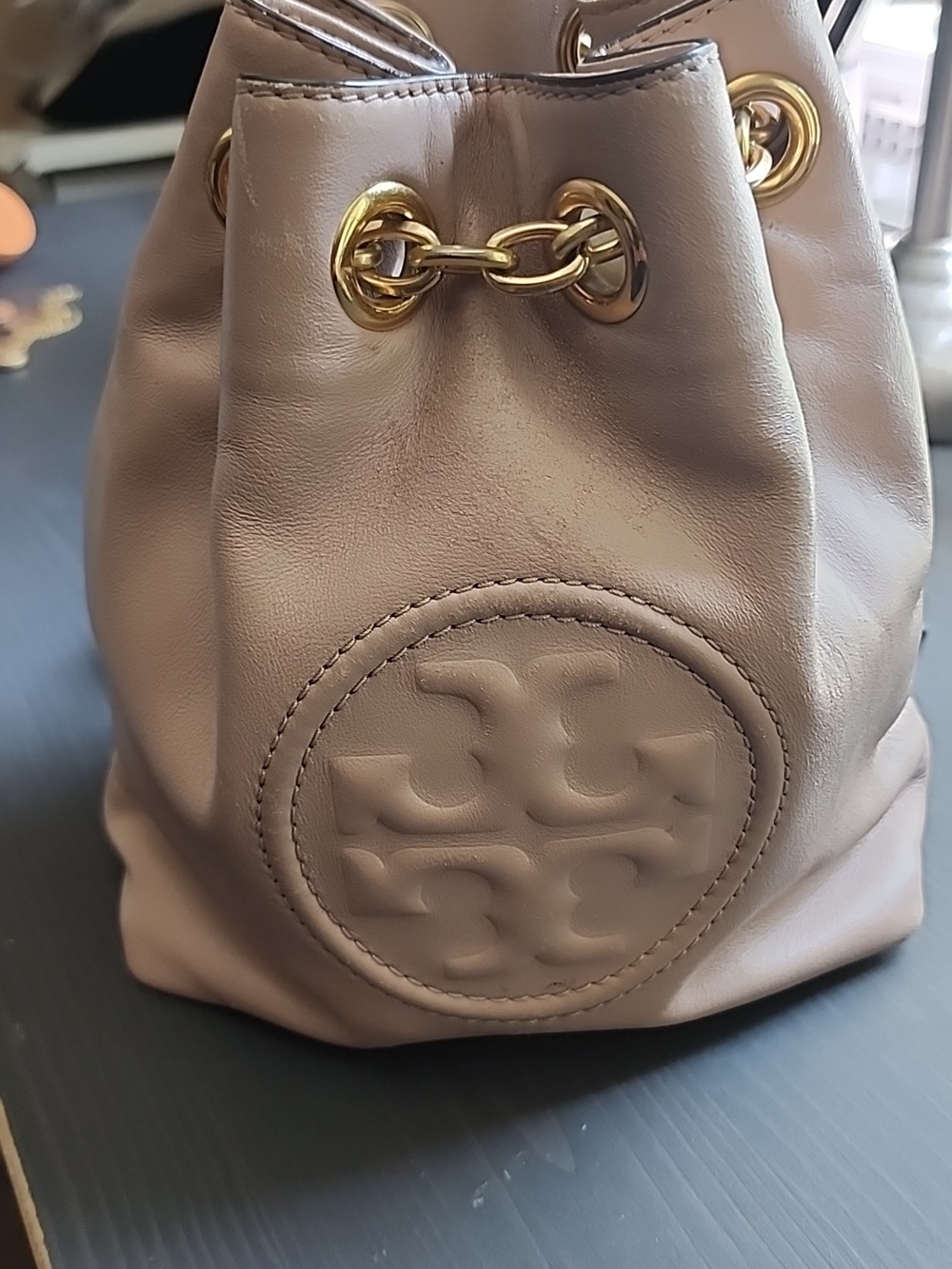 Tory Burch Blush Light Pink Leather Drawstring Bucket Bag with Gold Hardware